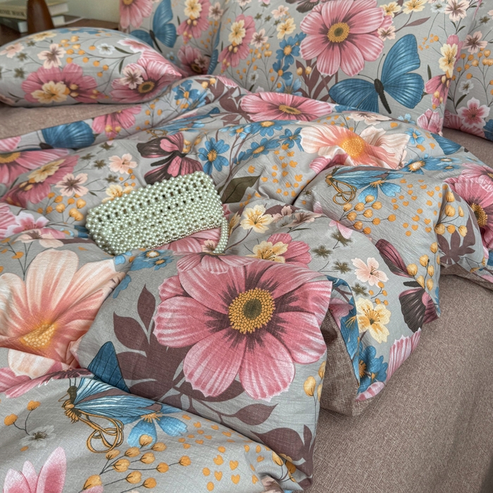 91家纺网 家纺一手货源 找家纺 洁柔家纺工厂店 2026春夏秋冬爆款新品高克重加厚原麻亚麻皱皱纱印花四件套 蝶恋花语