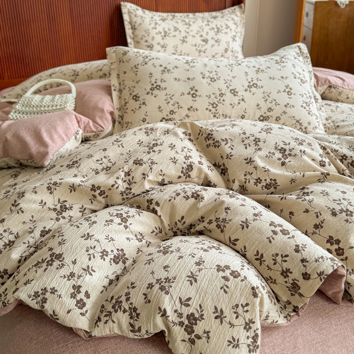 91家纺网 家纺一手货源 找家纺 洁柔家纺工厂店 2026春夏秋冬爆款新品高克重加厚原麻亚麻皱皱纱印花四件套 意晚