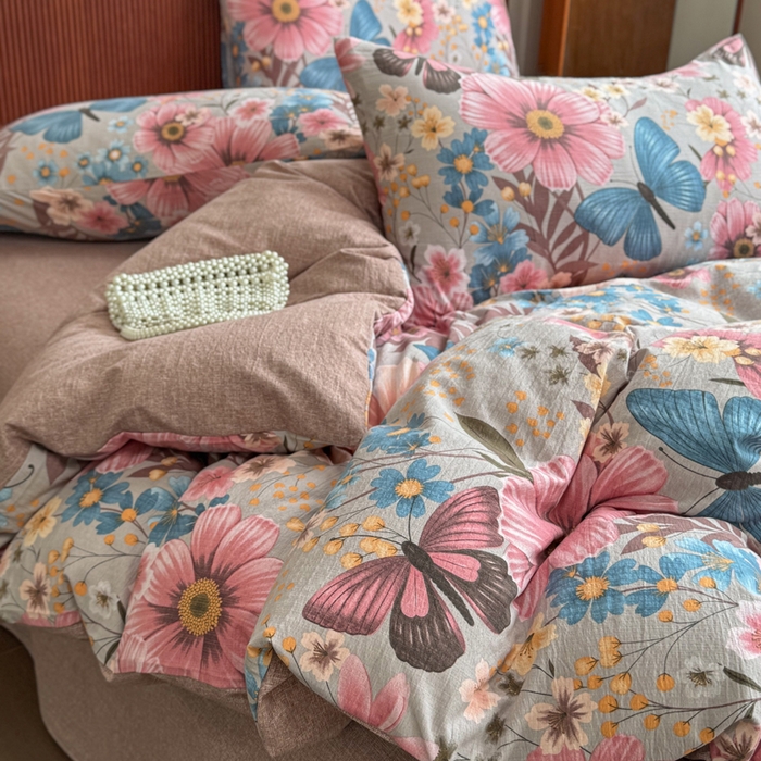 91家纺网 家纺一手货源 找家纺 洁柔家纺工厂店 2026春夏秋冬爆款新品高克重加厚原麻亚麻皱皱纱印花四件套 蝶恋花语