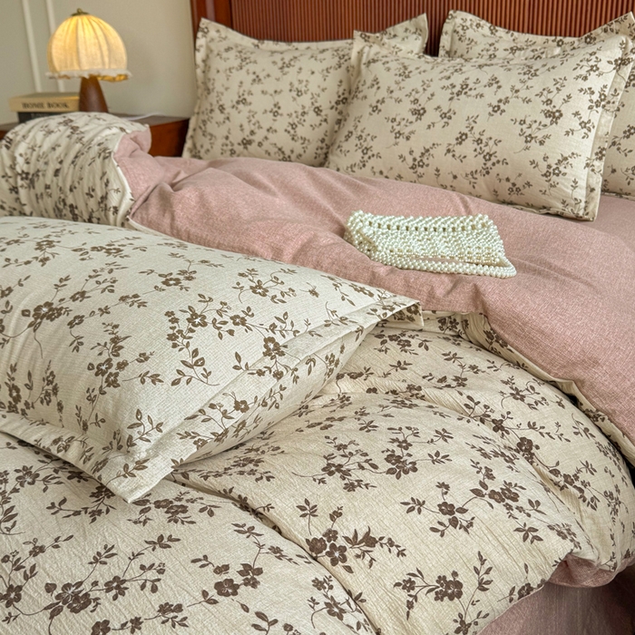 91家纺网 家纺一手货源 找家纺 洁柔家纺工厂店 2026春夏秋冬爆款新品高克重加厚原麻亚麻皱皱纱印花四件套 意晚