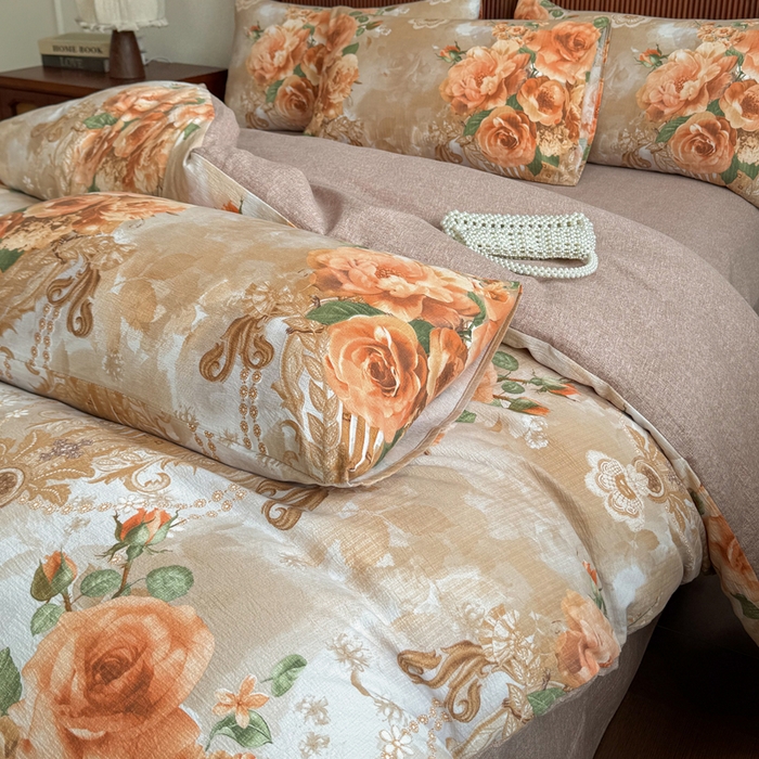 91家纺网 家纺一手货源 找家纺 洁柔家纺工厂店 2026春夏秋冬爆款新品高克重加厚原麻亚麻皱皱纱印花四件套 念花溪