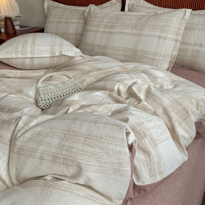 91家纺网 家纺一手货源 找家纺 洁柔家纺工厂店 2026春夏秋冬爆款新品高克重加厚原麻亚麻皱皱纱印花四件套 秘镜