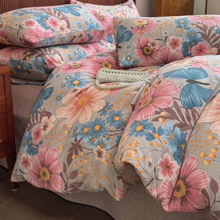 91家纺网 家纺一手货源 找家纺 洁柔家纺工厂店 2026春夏秋冬爆款新品高克重加厚原麻亚麻皱皱纱印花四件套 蝶恋花语