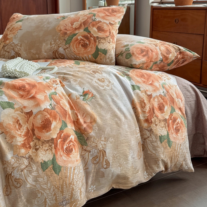 91家纺网 家纺一手货源 找家纺 洁柔家纺工厂店 2026春夏秋冬爆款新品高克重加厚原麻亚麻皱皱纱印花四件套 念花溪