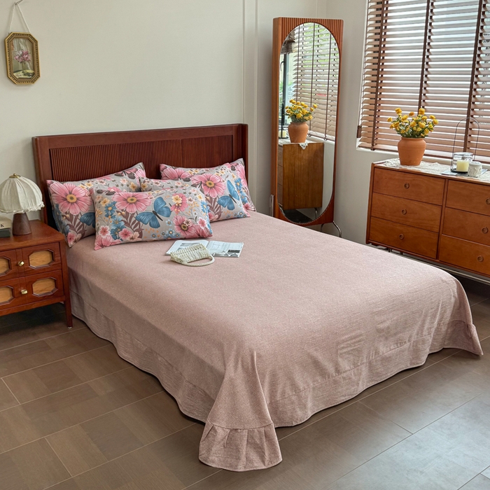 91家纺网 家纺一手货源 找家纺 洁柔家纺工厂店 2026春夏秋冬爆款新品高克重加厚原麻亚麻皱皱纱印花四件套 蝶恋花语