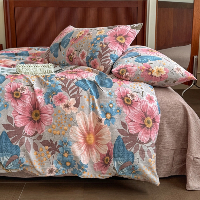 91家纺网 家纺一手货源 找家纺 洁柔家纺工厂店 2026春夏秋冬爆款新品高克重加厚原麻亚麻皱皱纱印花四件套 蝶恋花语