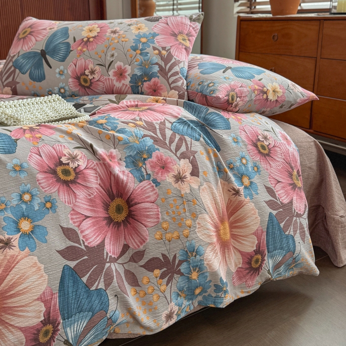 91家纺网 家纺一手货源 找家纺 洁柔家纺工厂店 2026春夏秋冬爆款新品高克重加厚原麻亚麻皱皱纱印花四件套 蝶恋花语