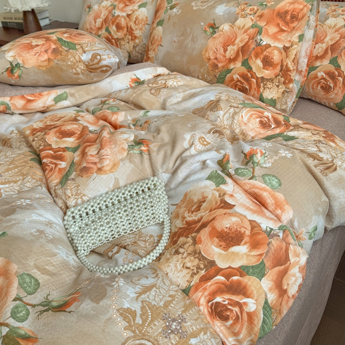 91家纺网 家纺一手货源 找家纺 洁柔家纺工厂店 2026春夏秋冬爆款新品高克重加厚原麻亚麻皱皱纱印花四件套 念花溪