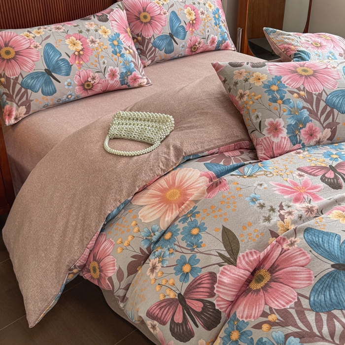 91家纺网 家纺一手货源 找家纺 洁柔家纺工厂店 2026春夏秋冬爆款新品高克重加厚原麻亚麻皱皱纱印花四件套 蝶恋花语