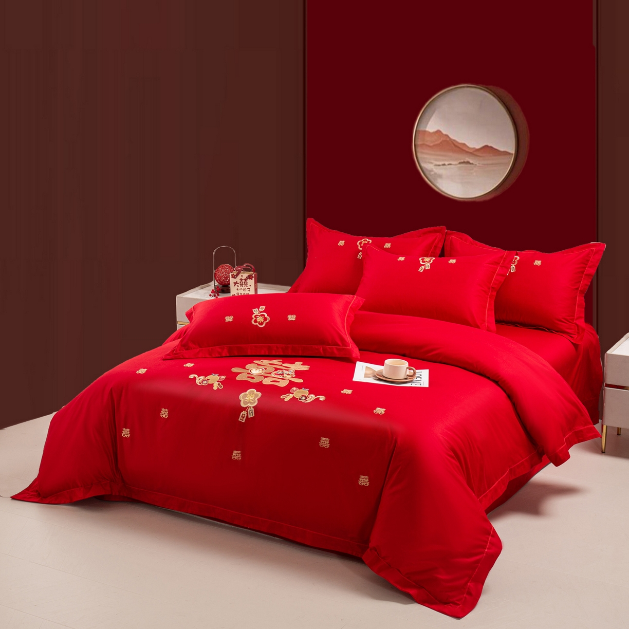 91家纺网 家纺一手货源 找家纺 银石 2026新款婚庆全棉刺绣四件套 喜事连连