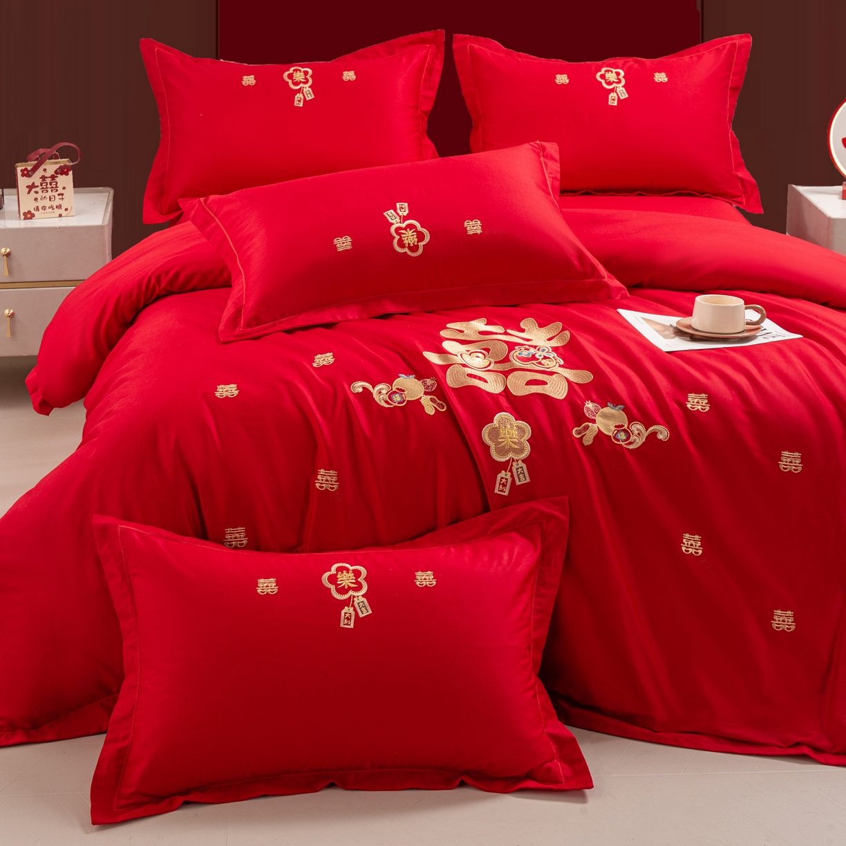 91家纺网 家纺一手货源 找家纺 银石 2026新款婚庆全棉刺绣四件套 喜事连连