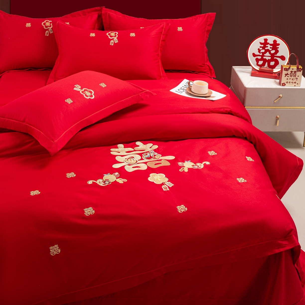 91家纺网 家纺一手货源 找家纺 银石 2026新款婚庆全棉刺绣四件套 喜事连连