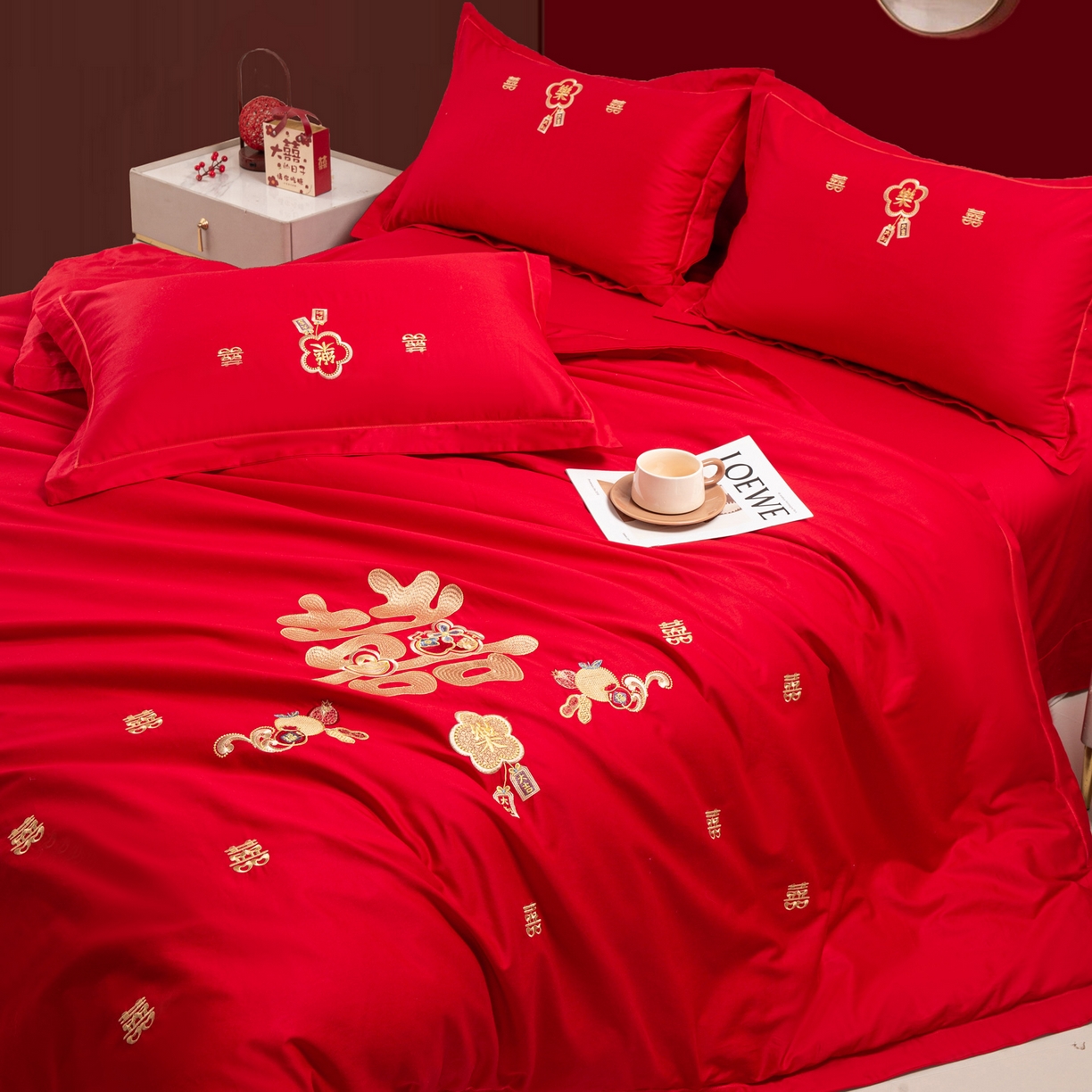 91家纺网 家纺一手货源 找家纺 银石 2026新款婚庆全棉刺绣四件套 喜事连连