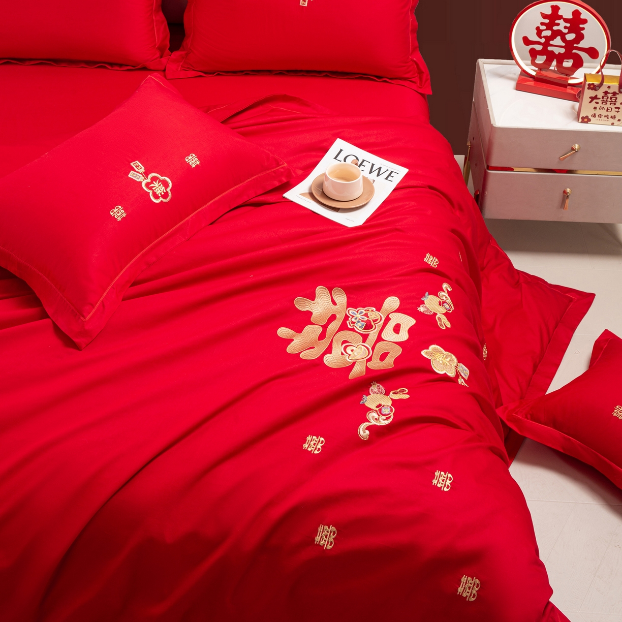 91家纺网 家纺一手货源 找家纺 银石 2026新款婚庆全棉刺绣四件套 喜事连连