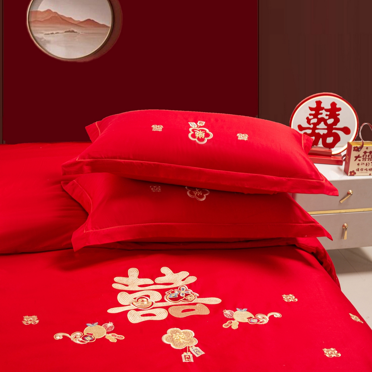 91家纺网 家纺一手货源 找家纺 银石 2026新款婚庆全棉刺绣四件套 喜事连连