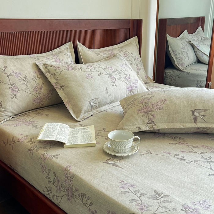 91家纺网 家纺一手货源 找家纺 洁柔家纺工厂店 2026新款加厚亚麻皱皱纱床笠单床笠枕套床笠单品 绽放