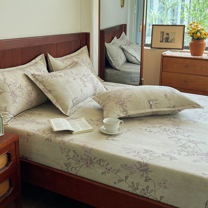 91家纺网 家纺一手货源 找家纺 洁柔家纺工厂店 2026新款加厚亚麻皱皱纱床笠单床笠枕套床笠单品 绽放