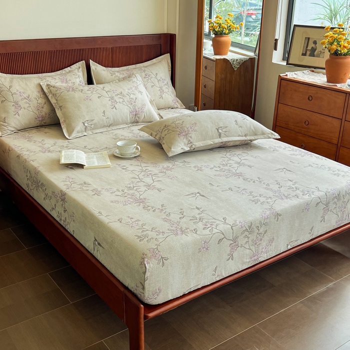 91家纺网 家纺一手货源 找家纺 洁柔家纺工厂店 2026新款加厚亚麻皱皱纱床笠单床笠枕套床笠单品 绽放