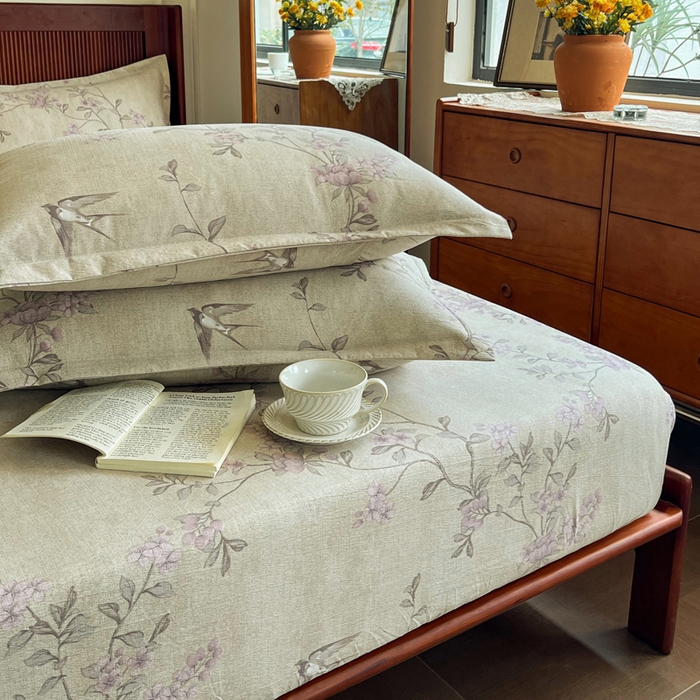 91家纺网 家纺一手货源 找家纺 洁柔家纺工厂店 2026新款加厚亚麻皱皱纱床笠单床笠枕套床笠单品 绽放