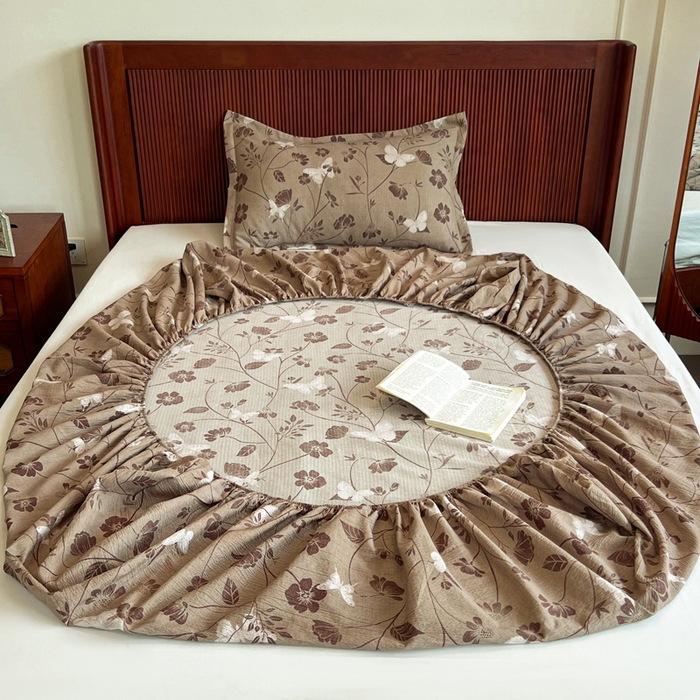 91家纺网 家纺一手货源 找家纺 洁柔家纺工厂店 2026新款加厚亚麻皱皱纱床笠单床笠枕套床笠单品 拾光咖