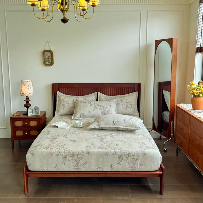 91家纺网 家纺一手货源 找家纺 洁柔家纺工厂店 2026新款加厚亚麻皱皱纱床笠单床笠枕套床笠单品 绽放