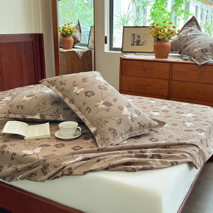 91家纺网 家纺一手货源 找家纺 洁柔家纺工厂店 2026新款加厚亚麻皱皱纱床笠单床笠枕套床笠单品 拾光咖