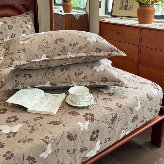 91家纺网 家纺一手货源 找家纺 洁柔家纺工厂店 2026新款加厚亚麻皱皱纱床笠单床笠枕套床笠单品 拾光咖