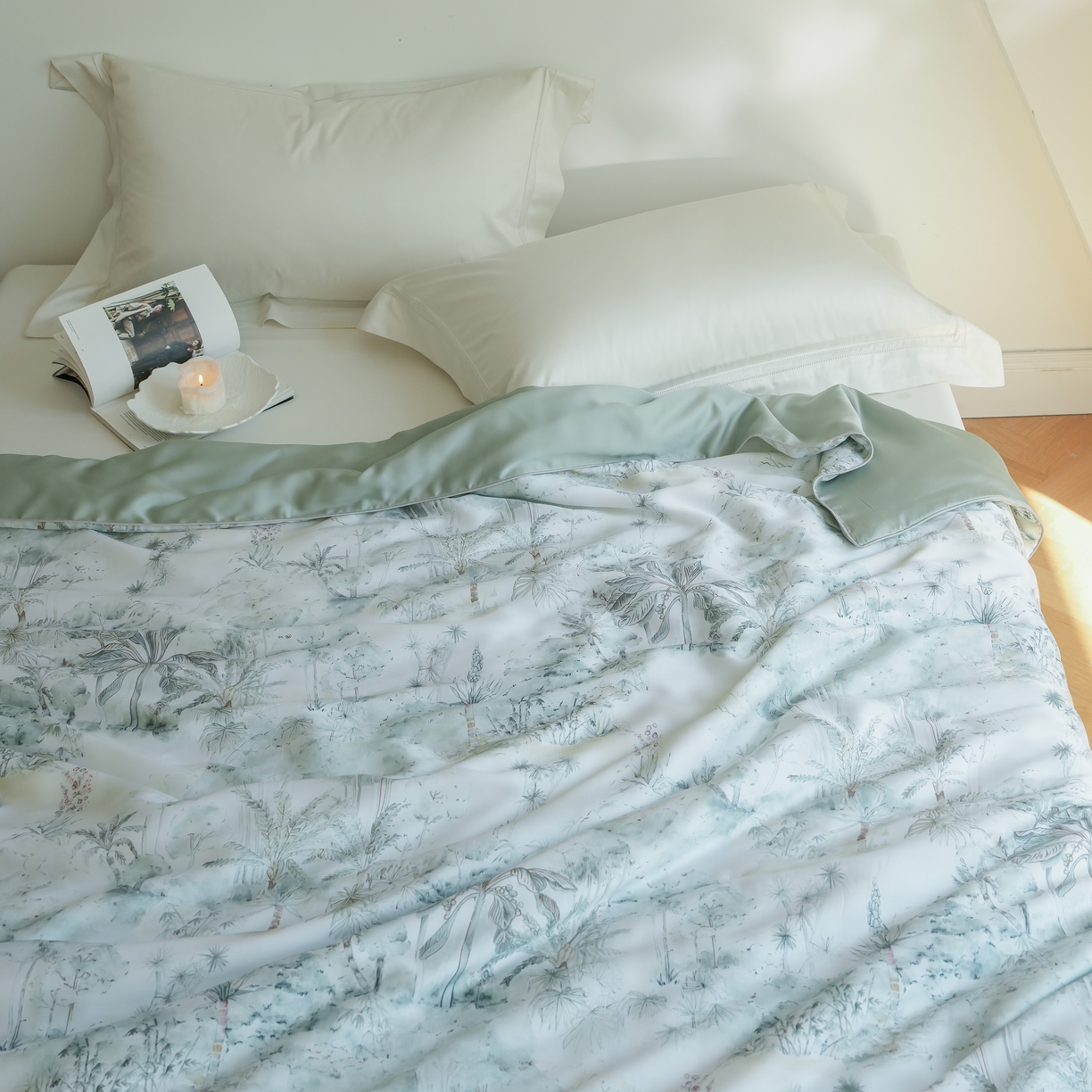 91家纺网 家纺一手货源 找家纺 沐晴家纺 2026新款春夏数码印花兰精天丝夏被空调被 丛林幻想-绿