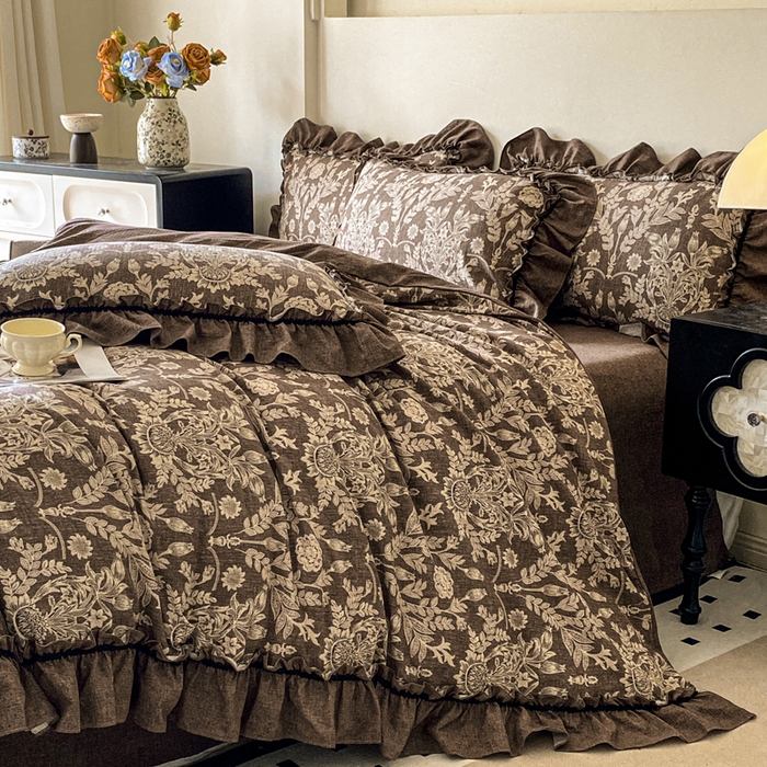 91家纺网 家纺一手货源 找家纺 赛琳 2026新款复古风亚麻原麻花边四件套（有买家秀）秋海棠