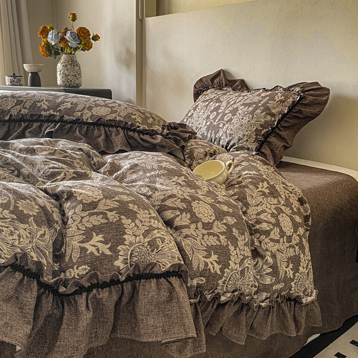 91家纺网 家纺一手货源 找家纺 赛琳 2026新款复古风亚麻原麻花边四件套（有买家秀）秋海棠