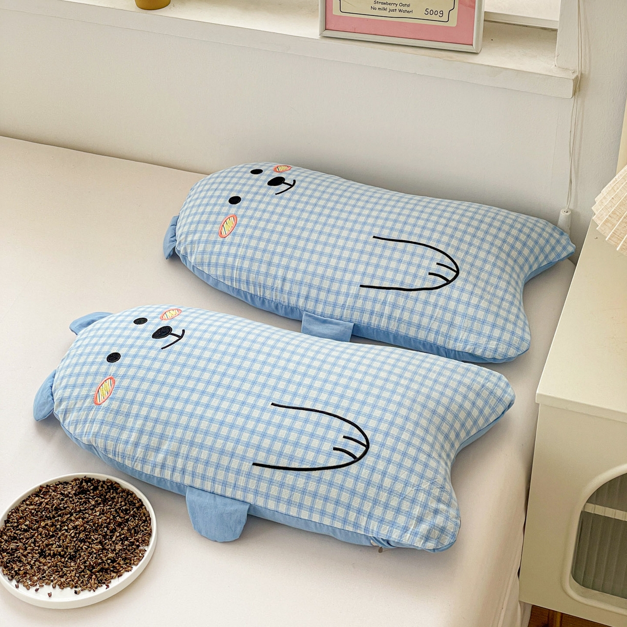 梦叶草 2026新款全棉抱抱熊荞麦枕枕头枕芯 抱抱熊-蓝色