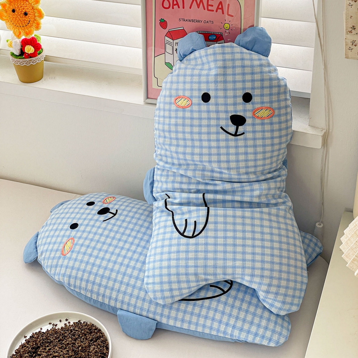 91家纺网 家纺一手货源 找家纺 梦叶草 2026新款全棉抱抱熊荞麦枕枕头枕芯 抱抱熊-蓝色