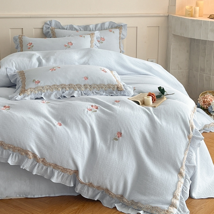 91家纺网 家纺一手货源 找家纺 （总）帝王家纺 2026爆款法式小清新双层皱皱纱四件套四季款-花漾