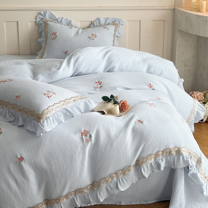 91家纺网 家纺一手货源 找家纺 （总）帝王家纺 2026爆款法式小清新双层皱皱纱四件套四季款-花漾