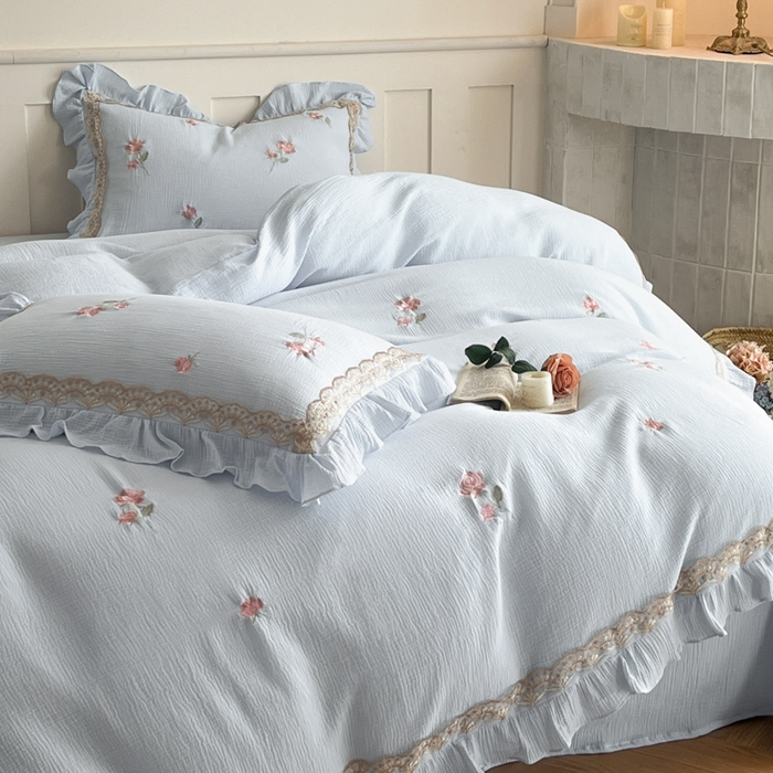 91家纺网 家纺一手货源 找家纺 帝王家纺 2026爆款法式小清新双层皱皱纱四件套四季款-花漾 花漾-天蓝