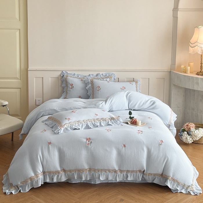 91家纺网 家纺一手货源 找家纺 帝王家纺 2026爆款法式小清新双层皱皱纱四件套四季款-花漾 花漾-天蓝