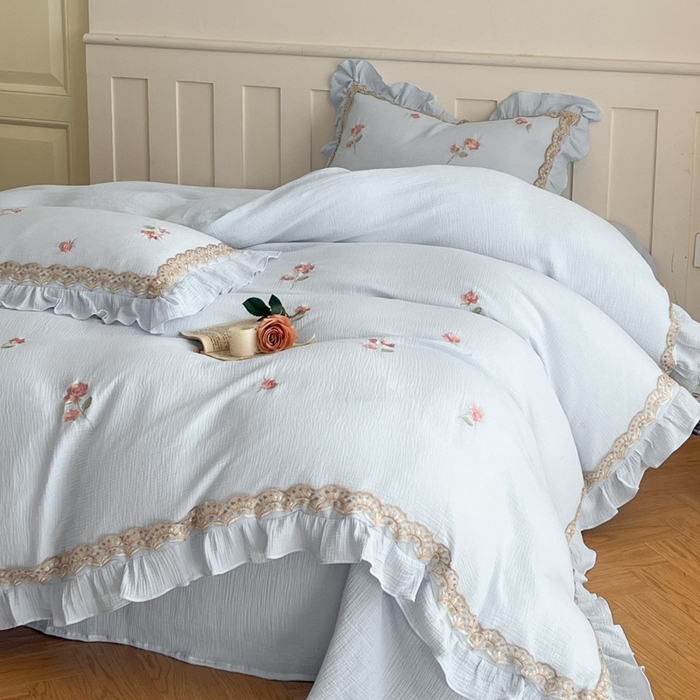 91家纺网 家纺一手货源 找家纺 帝王家纺 2026爆款法式小清新双层皱皱纱四件套四季款-花漾 花漾-天蓝