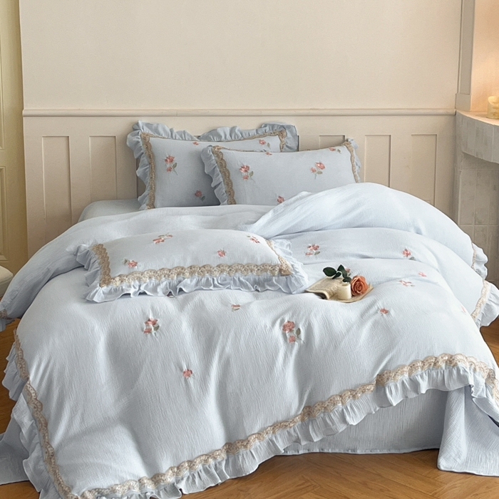 91家纺网 家纺一手货源 找家纺 帝王家纺 2026爆款法式小清新双层皱皱纱四件套四季款-花漾 花漾-天蓝