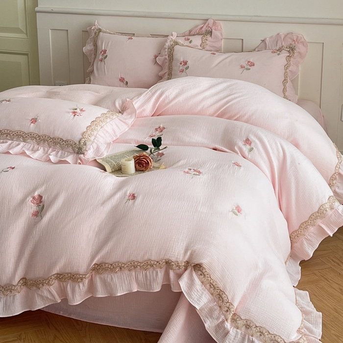 91家纺网 家纺一手货源 找家纺 帝王家纺 2026爆款法式小清新双层皱皱纱四件套四季款-花漾 花漾-雅粉