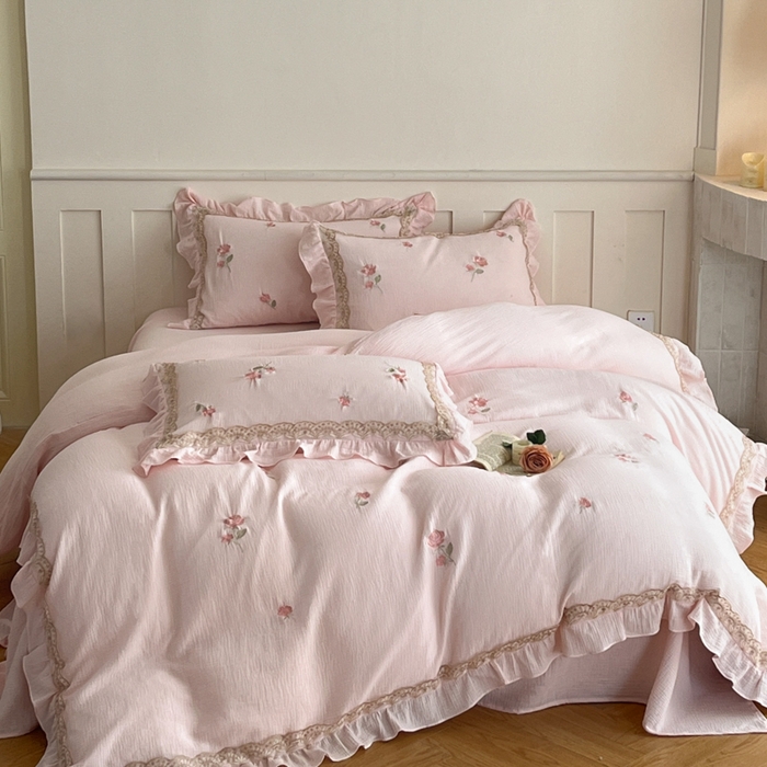 91家纺网 家纺一手货源 找家纺 帝王家纺 2026爆款法式小清新双层皱皱纱四件套四季款-花漾 花漾-雅粉