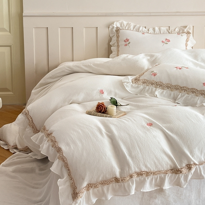 91家纺网 家纺一手货源 找家纺 帝王家纺 2026爆款法式小清新双层皱皱纱四件套四季款-花漾 花漾-奶白