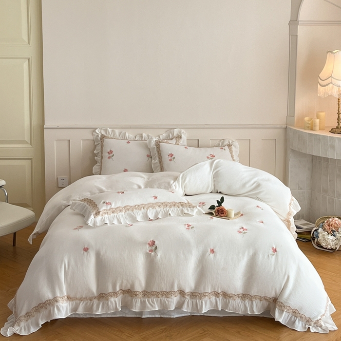 91家纺网 家纺一手货源 找家纺 帝王家纺 2026爆款法式小清新双层皱皱纱四件套四季款-花漾 花漾-奶白