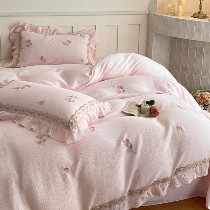 91家纺网 家纺一手货源 找家纺 帝王家纺 2026爆款法式小清新双层皱皱纱四件套四季款-花漾 花漾-雅粉