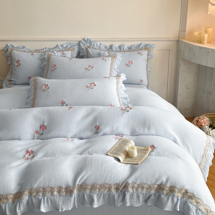 91家纺网 家纺一手货源 找家纺 帝王家纺 2026爆款法式小清新双层皱皱纱四件套四季款-花漾 花漾-天蓝