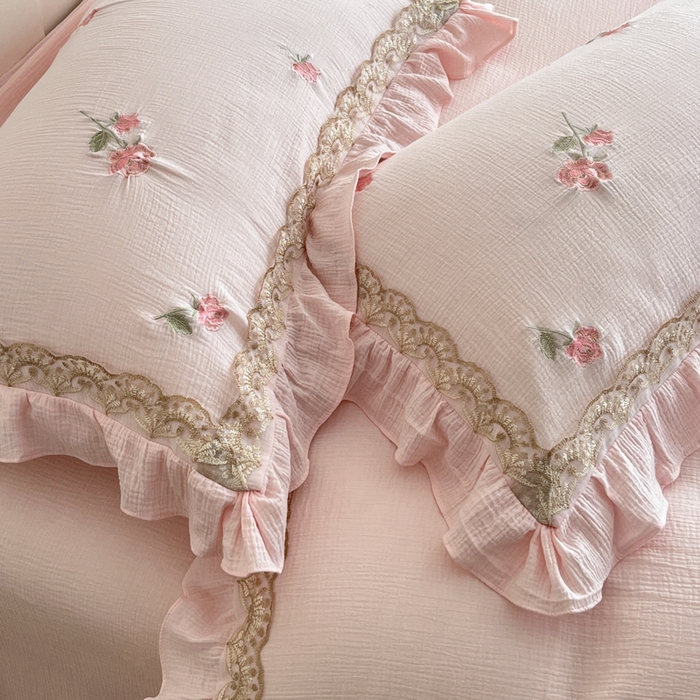 91家纺网 家纺一手货源 找家纺 帝王家纺 2026爆款法式小清新双层皱皱纱四件套四季款-花漾 花漾-雅粉