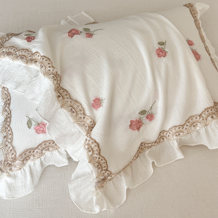 91家纺网 家纺一手货源 找家纺 帝王家纺 2026爆款法式小清新双层皱皱纱四件套四季款-花漾 花漾-奶白