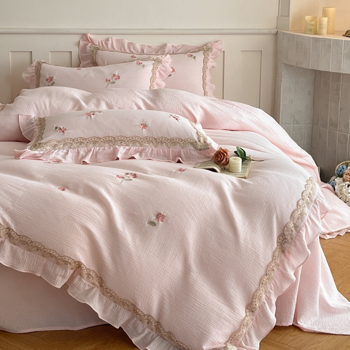 91家纺网 家纺一手货源 找家纺 帝王家纺 2026爆款法式小清新双层皱皱纱四件套四季款-花漾 花漾-雅粉