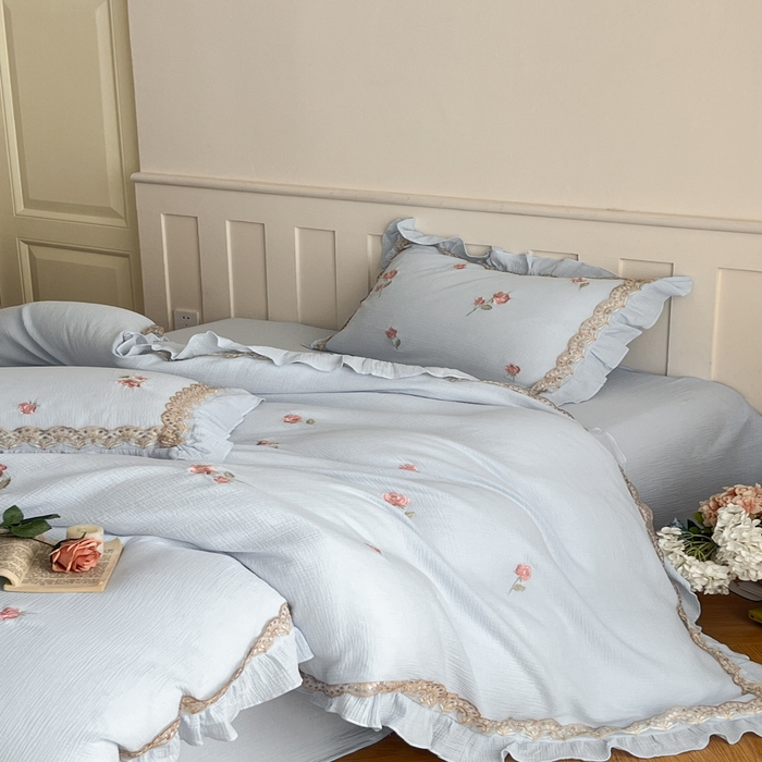 91家纺网 家纺一手货源 找家纺 帝王家纺 2026爆款法式小清新双层皱皱纱四件套四季款-花漾 花漾-天蓝