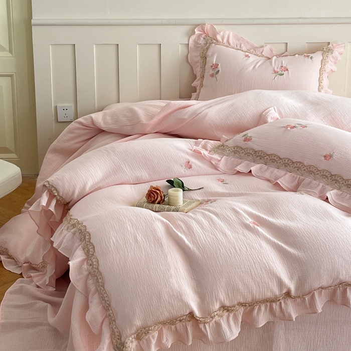 91家纺网 家纺一手货源 找家纺 帝王家纺 2026爆款法式小清新双层皱皱纱四件套四季款-花漾 花漾-雅粉