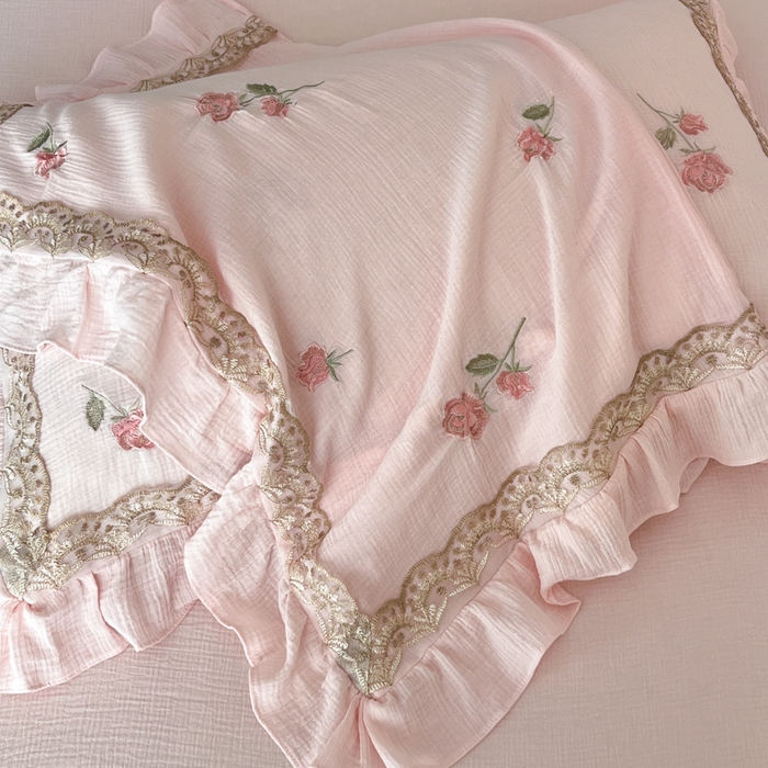 91家纺网 家纺一手货源 找家纺 帝王家纺 2026爆款法式小清新双层皱皱纱四件套四季款-花漾 花漾-雅粉